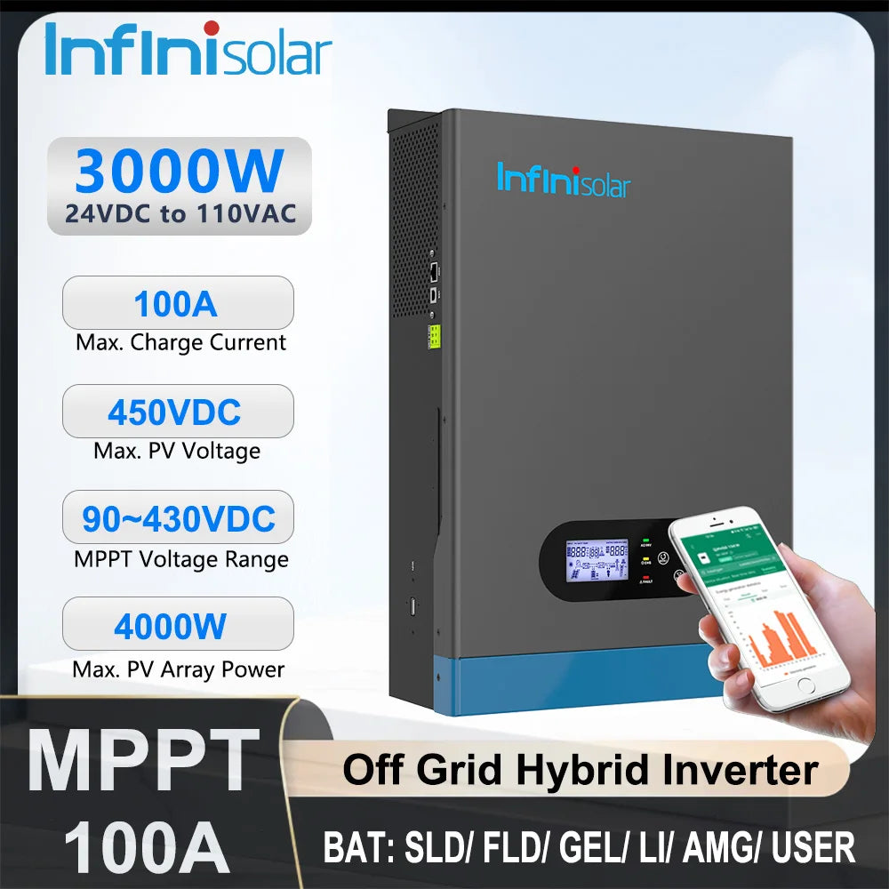 Infinisolar 3KW 24V to 110V Hybrid Solar Inverter Pure Sine Wave MPPT Off Grid Photovoltaic Inverters BMS PC WiFi Monitoring