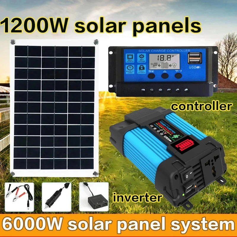 6000W Solar Inverter Generation 110V/220V 1200W Solar Panel Automotive Battery Charge Controller Solar Complete Power Solar Kit