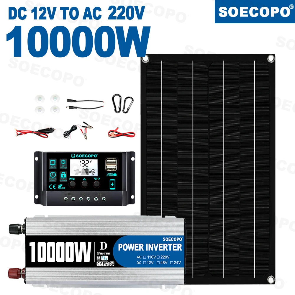 10000W Off-Grid Solar Energy System 800W Panel 12V/24V -220V Inverter 100A Charge Controller for House/RV/Emergency Power Backup