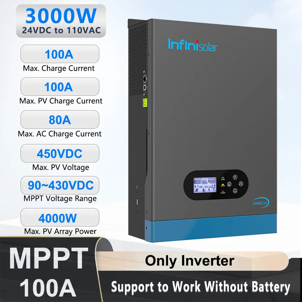 Infinisolar 3KW 24V to 110V Hybrid Solar Inverter Pure Sine Wave MPPT Off Grid Photovoltaic Inverters BMS PC WiFi Monitoring