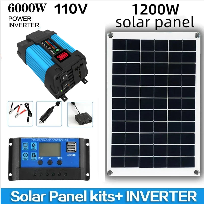 6000W Solar Inverter Generation 110V/220V 1200W Solar Panel Automotive Battery Charge Controller Solar Complete Power Solar Kit