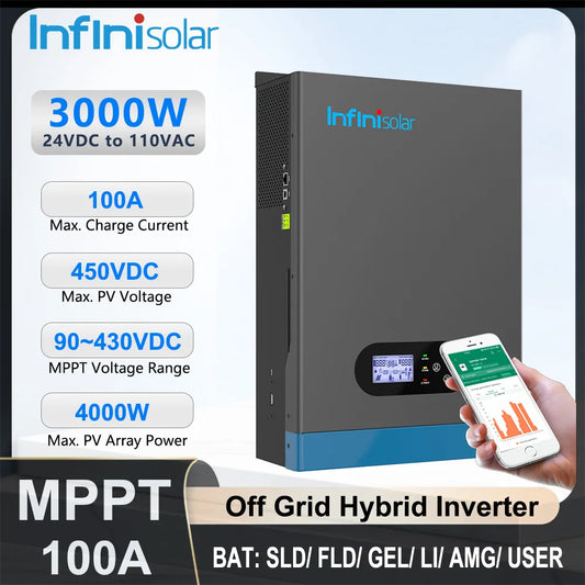 Infinisolar 3KW 24V to 110V Hybrid Solar Inverter Pure Sine Wave MPPT Off Grid Photovoltaic Inverters BMS PC WiFi Monitoring