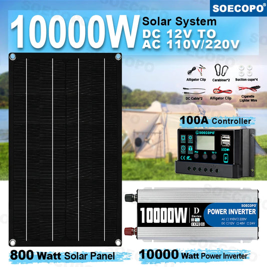 10000W Off-Grid Solar Energy System 800W Panel 12V/24V -220V Inverter 100A Charge Controller for House/RV/Emergency Power Backup