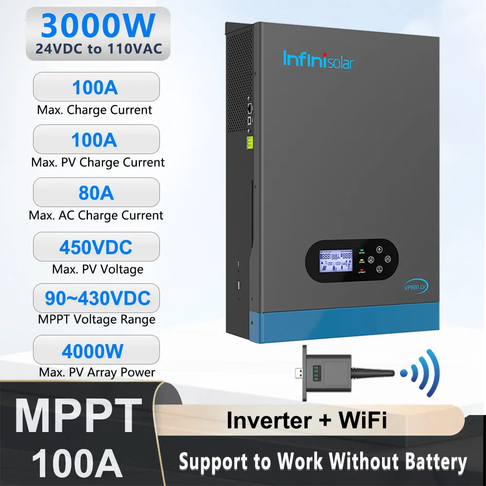 Infinisolar 3KW 24V to 110V Hybrid Solar Inverter Pure Sine Wave MPPT Off Grid Photovoltaic Inverters BMS PC WiFi Monitoring