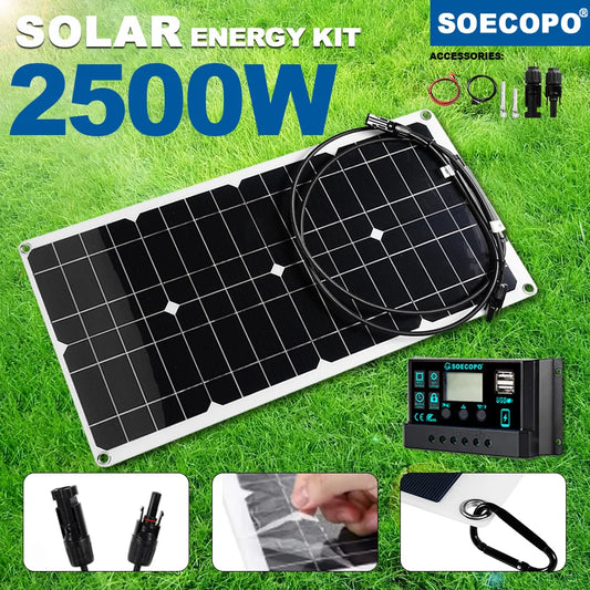 Portable 2500W Solar Panel Kit for Camping - Camper Accessories with 5V1.5A USB, Compact Solar Kit with 10A - 100A Controller